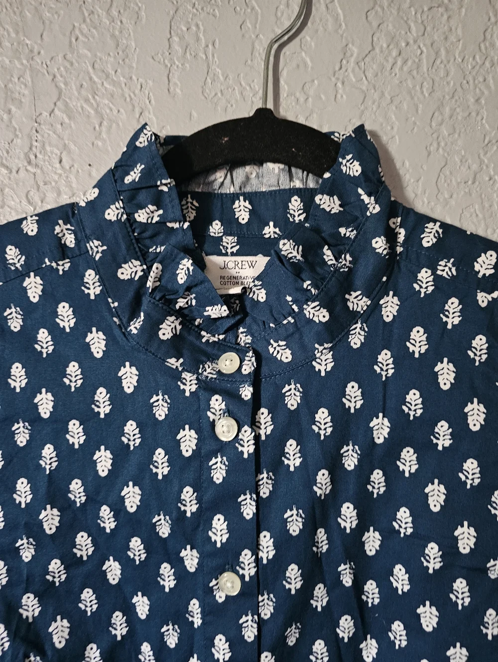 J. Crew Teal Blue Button-Up Shirt with White Motif
